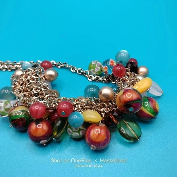 Colorful Multiple Glass Bead Ball Gold Tone Statement Fashion Necklace Cluster - Picture 4 of 9